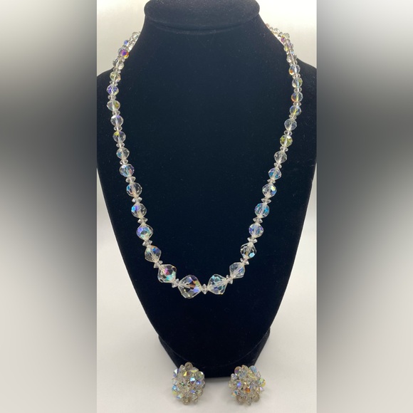 Aurora Borealis AB Single Strand Faceted Crystal Glass Choker Necklace Earrings - Picture 7 of 9